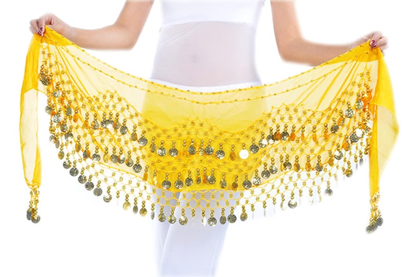 Lauthen.S 128 Coins Belly Dance Hip Scarf Tribal Belt Halloween Genie Costume Accessory Yellow - Image 1